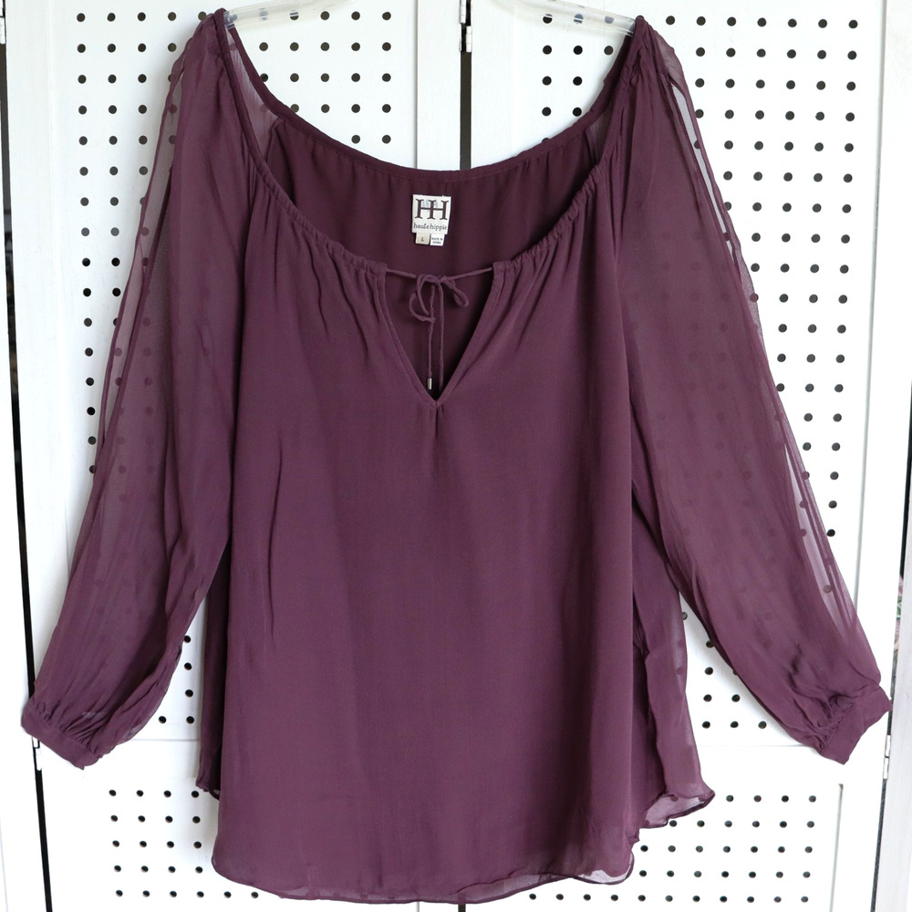 Haute Hippie Silk Cold Shoulder Long Sleeve Tie-Neck Burgundy Womens SIZE L